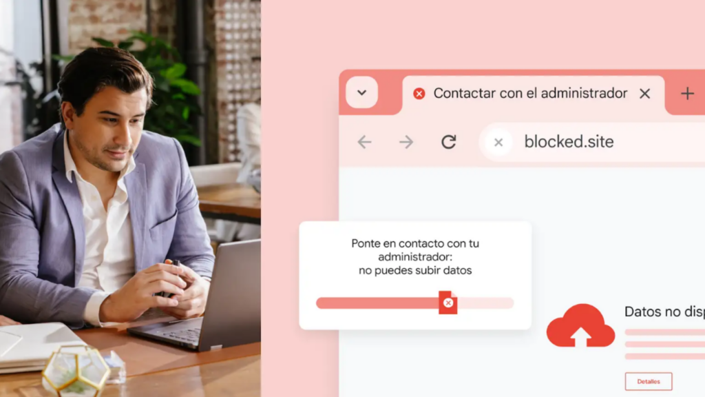Ejemplo de cómo Chrome Enterprise Premium bloquea sitios web no permitidos por el administrador del dominio.